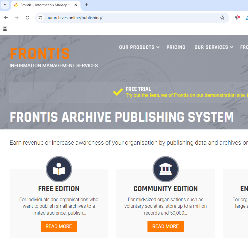 Скрийншот на уебсайта ourarchives.online - доставчик на услуги, свързани с управлението на информация