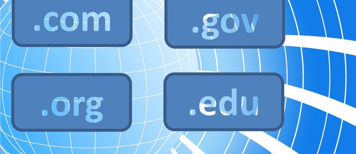Understanding the Domain Name System Illustration of global internet domains: .com, .gov, .org, .edu over a stylized blue globe background.