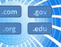 Illustration of global internet domains: .com, .gov, .org, .edu over a stylized blue globe background.