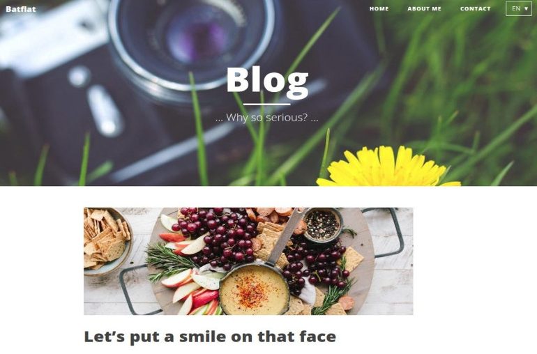 Eight Alternatives to WordPress Blog webpage header with a vintage camera, yellow flower, and a cheese platter with fruits and snacks for decoration.