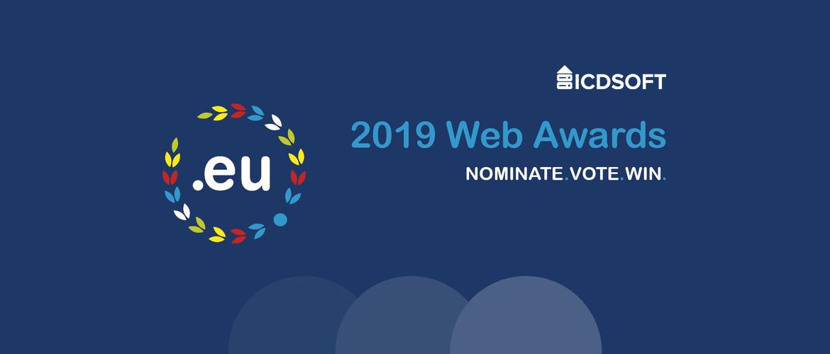 .eu logo with colorful leaf circle, 2019 Web Awards text, and ICDSoft branding on a dark blue background.
