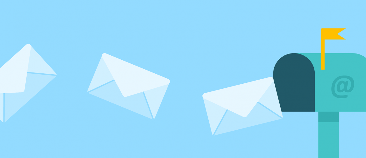 Illustration of blue envelopes flying into a teal mailbox with a yellow flag on a light blue background.