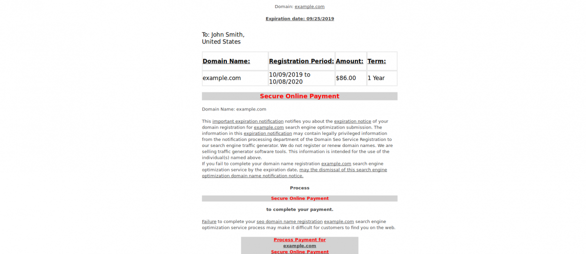 Spam Targeting Domain Name Owners Domain expiration notice with payment information for example.com, warning to renew before 09/25/2019 to avoid service issues.