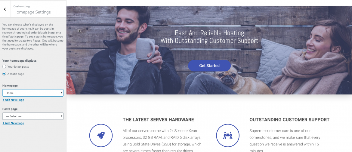 Website homepage design preview for Hecto Host, featuring hosting services and customer support description.