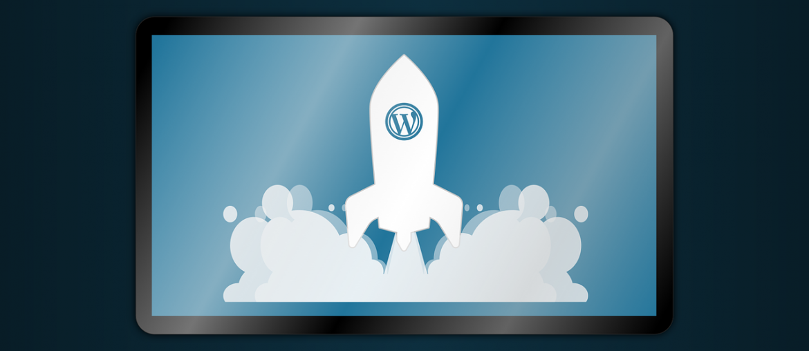 Tablet displaying a rocket with WordPress logo launching into the sky, symbolizing website growth and success.