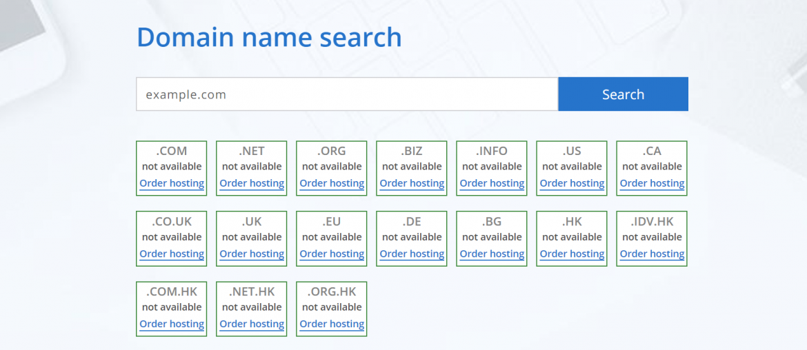 Domain name search page showing various extensions unavailable with hosting options.