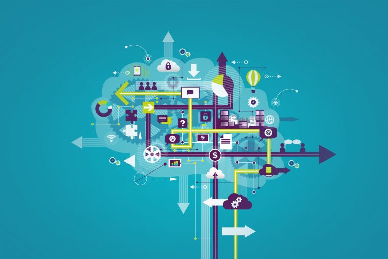 Abstract digital technology flowchart with interconnected icons on a blue background, representing cloud computing and data.