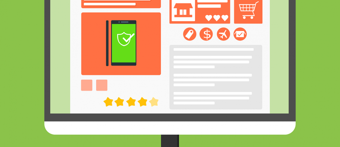 E-commerce website mockup on a computer screen with shopping cart and product rating on a green background.
