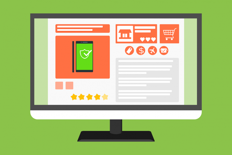 E-commerce website mockup on a computer screen with shopping cart and product rating on a green background.