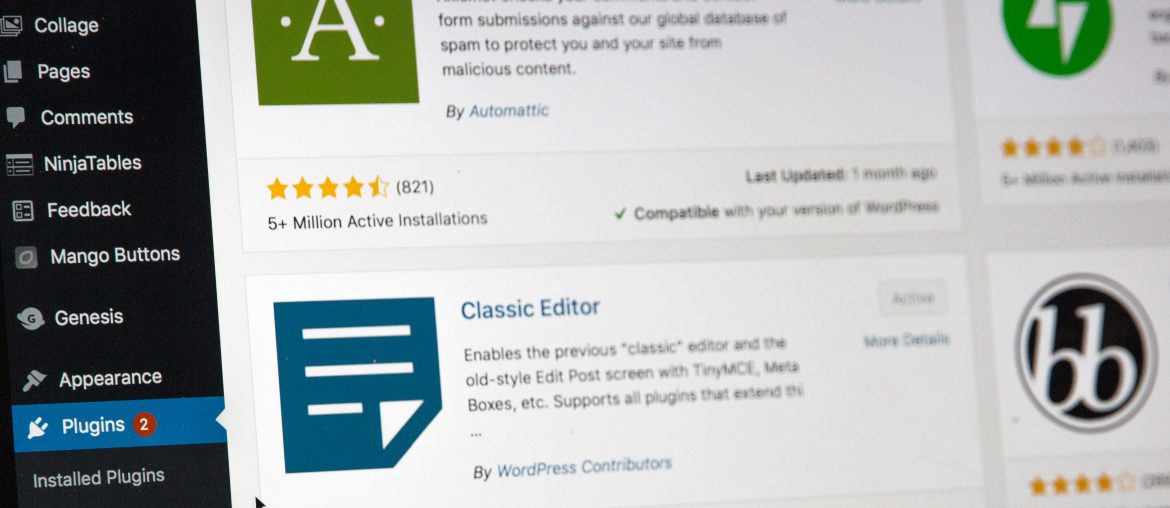 Real World Statistics and Trends about WordPress in 2020 WordPress dashboard displaying plugin options including Akismet Anti-Spam and Classic Editor with ratings and details.