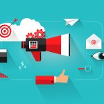 Digital marketing concept with megaphone, target, email, play button, and social media icons on blue background.