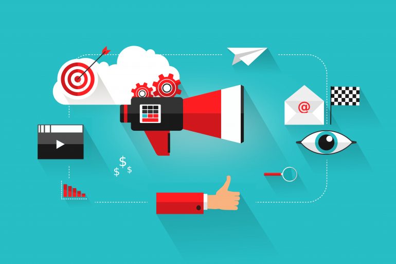 Digital marketing concept with megaphone, target, email, play button, and social media icons on blue background.