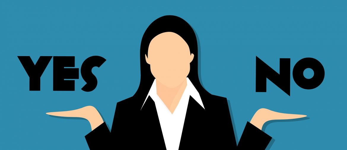 10 Mistakes to Avoid When Choosing a Domain Name Illustration of a faceless woman in a black suit balancing 'Yes' and 'No' text on her hands against a blue background.