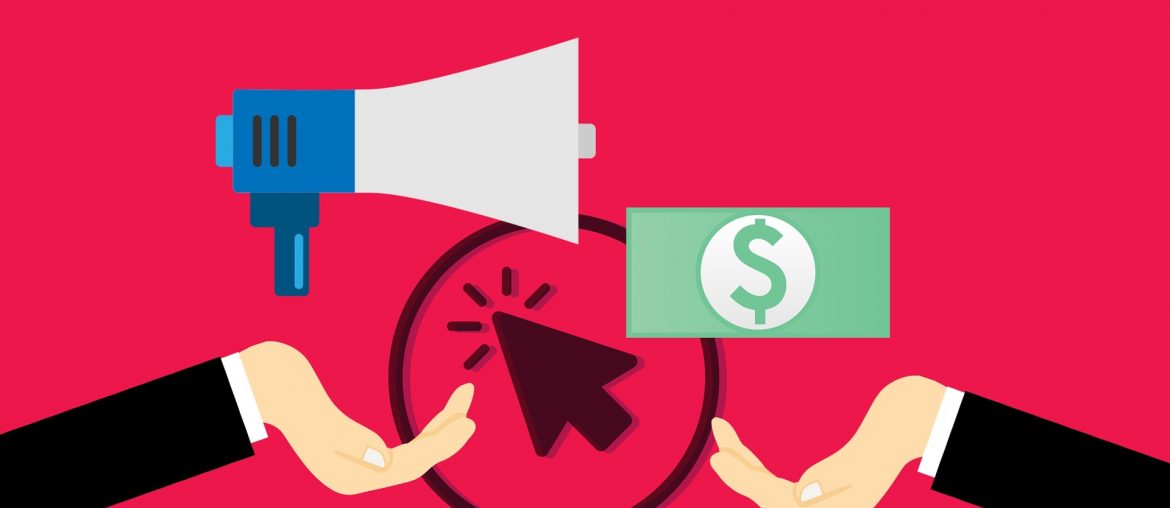 Digital marketing strategy illustration with megaphone, dollar sign, hand gestures, and mouse click, on red background.