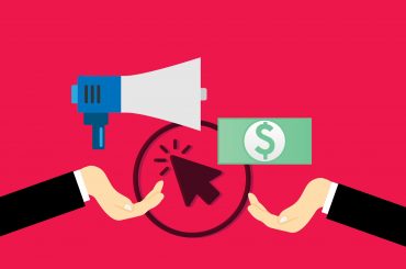 Digital marketing strategy illustration with megaphone, dollar sign, hand gestures, and mouse click, on red background.