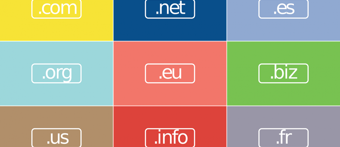 Grid of nine colorful domain name extensions: .com, .net, .es, .org, .eu, .biz, .us, .info, .fr.
