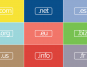 Grid of nine colorful domain name extensions: .com, .net, .es, .org, .eu, .biz, .us, .info, .fr.