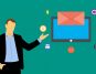 Illustration of a businessman presenting digital marketing icons like email, dollar sign, and people over a screen