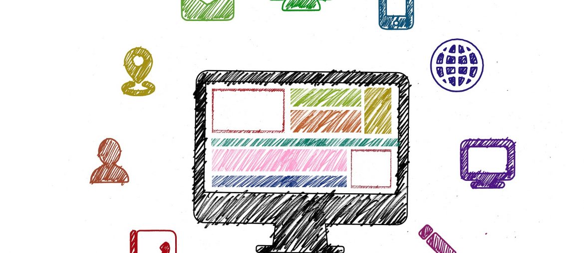 Illustration of a computer screen surrounded by icons representing communication and connectivity elements.