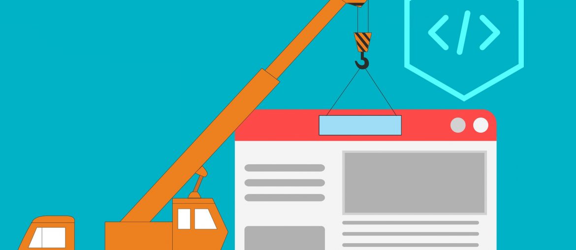 Illustration of an orange crane building a website with coding symbol on a blue background