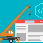 Illustration of an orange crane building a website with coding symbol on a blue background