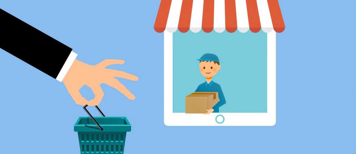 Decrease the Shopping Cart Abandonment on Your Website: Mission Possible Hand holding shopping basket with delivery worker on tablet screen, symbolizing online shopping and delivery service.