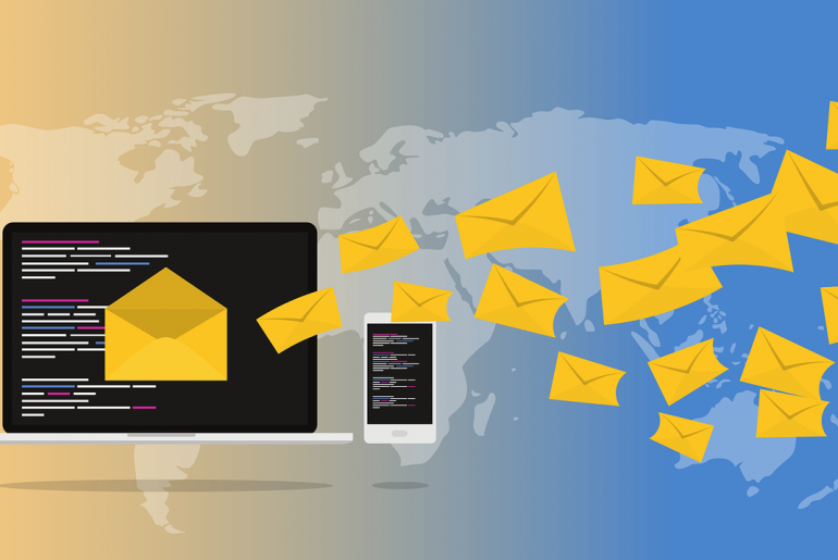 Illustration of digital marketing with laptop and smartphone displaying code, surrounded by flying yellow envelopes.