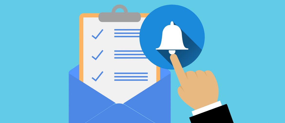 Checklist in envelope with hand tapping notification bell for alerts on blue background.