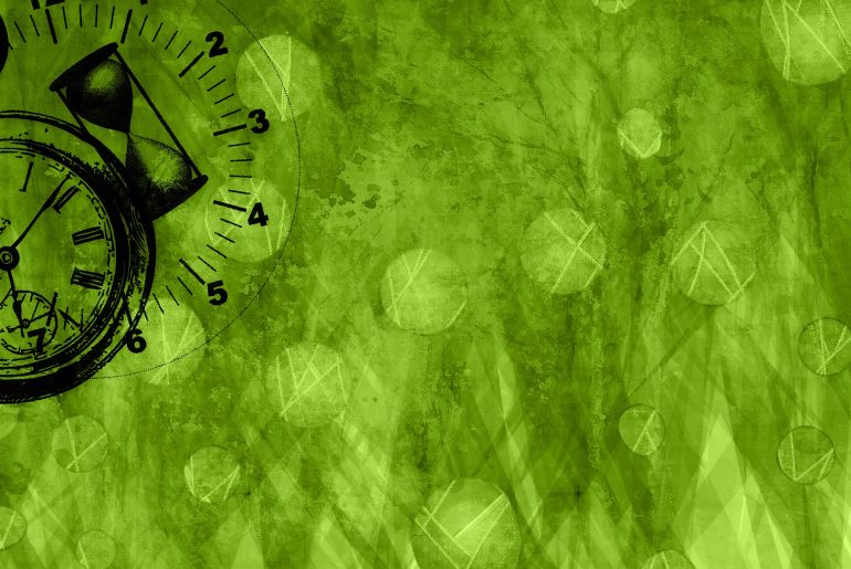 Vintage stopwatch with hourglass on green abstract background, incorporating numbers and geometric patterns.