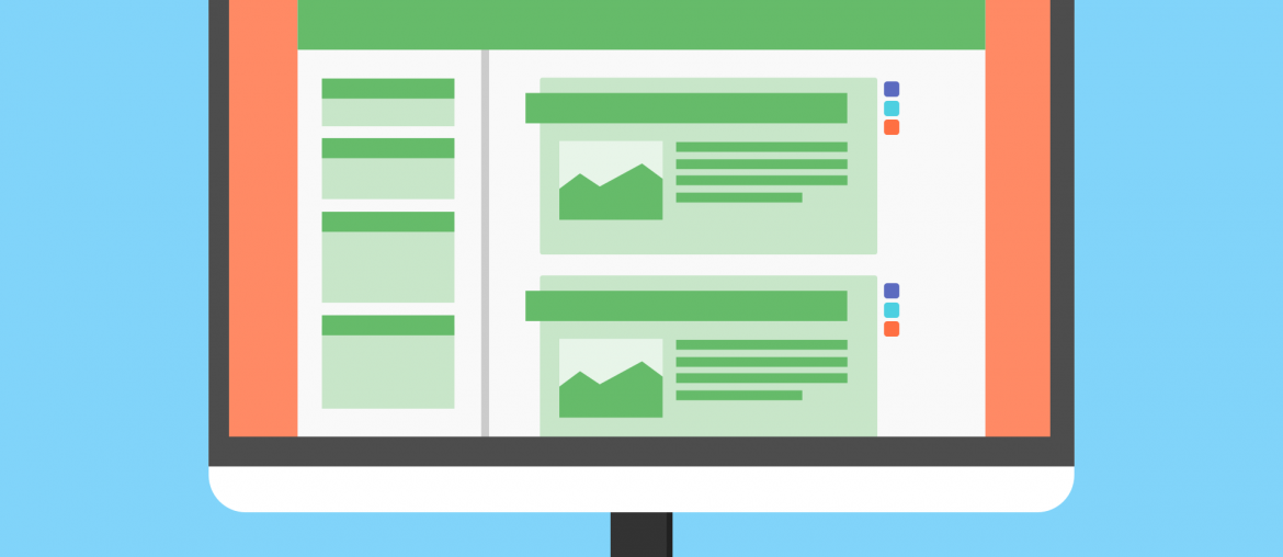 Illustration of a desktop screen displaying a green-themed website layout with content blocks and navigation bars.