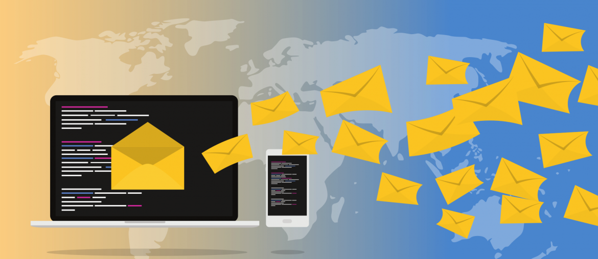 Laptop and smartphone display code, with yellow envelopes symbolizing email communication across a world map.