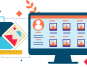 Illustration of digital marketing tools with monitor, smartphone, and creative design elements.