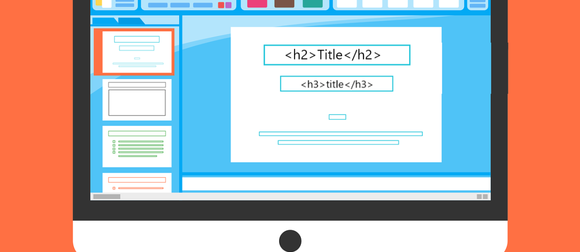 What Are Heading Tags and How to Use Them Computer screen displaying a blue-themed presentation slide with text boxes on an orange background.