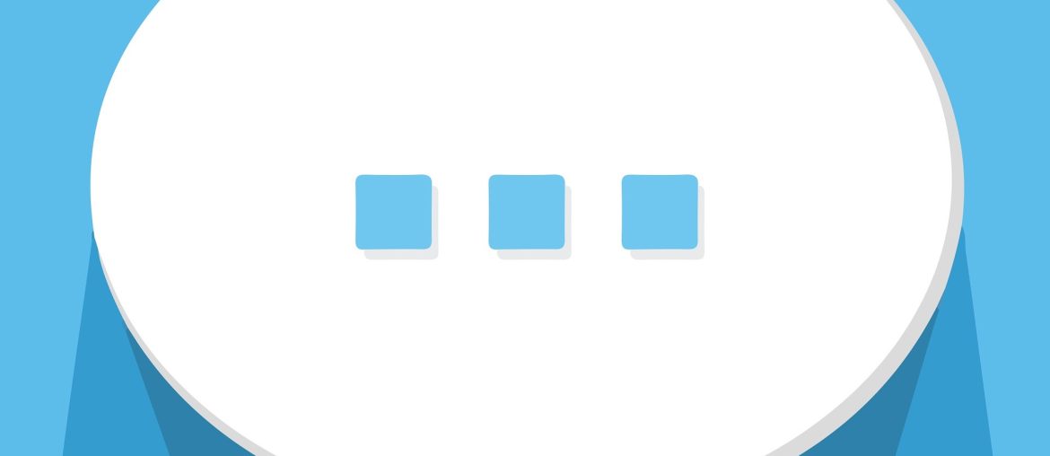 White speech bubble with three dots on blue background, representing loading or waiting for a message.