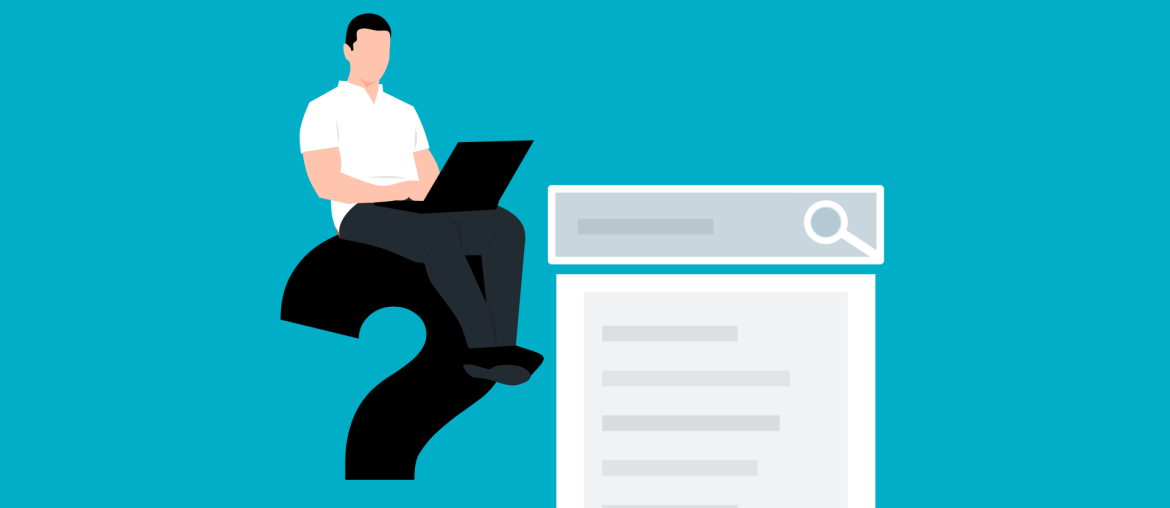 Illustration of a person on a question mark using a laptop next to a search engine result page on a blue background.
