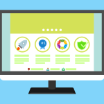 Illustration of a computer screen displaying icons for rocket, badge, network, and shield on a pastel background.