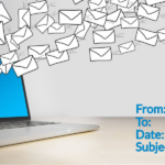 Laptop with digital envelopes emerging, symbolizing overflowing emails and digital communication flow.