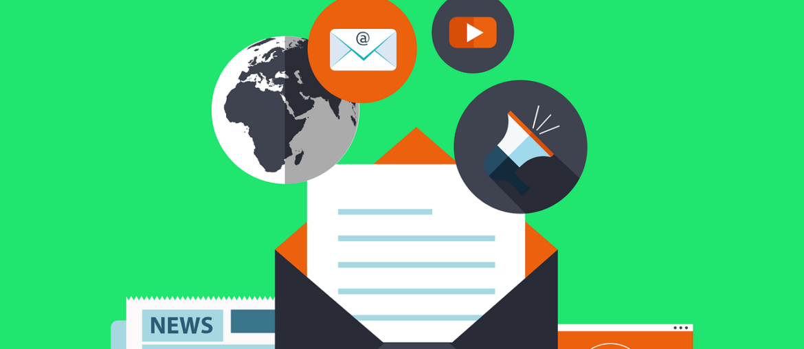 How to Create Your First Newsletter Conceptual illustration of digital communication with email, globe, and multimedia icons on a green background.