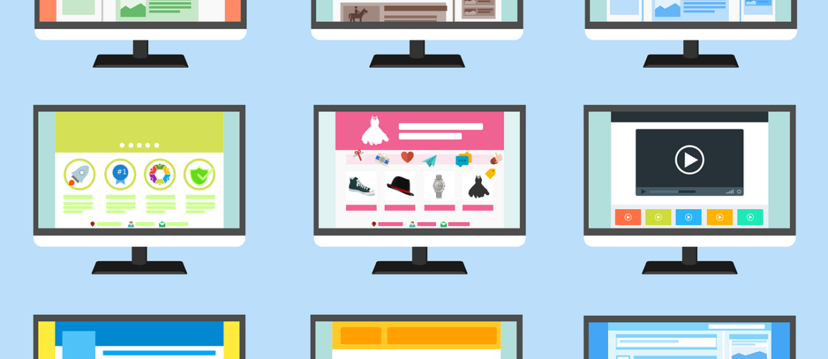 The ICDSoft Website Builder – Create Any Type of Website with Ease Collection of diverse website layouts displayed on nine computer screens, showcasing various design elements and styles.