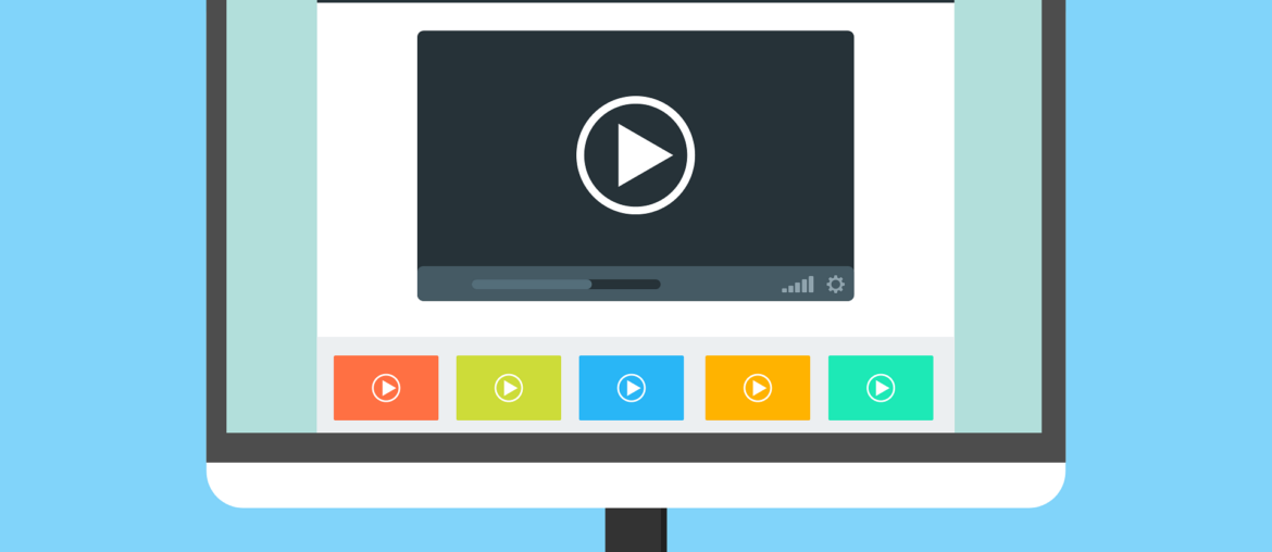 Computer screen displaying a video player interface with colorful play buttons on a bright blue background.