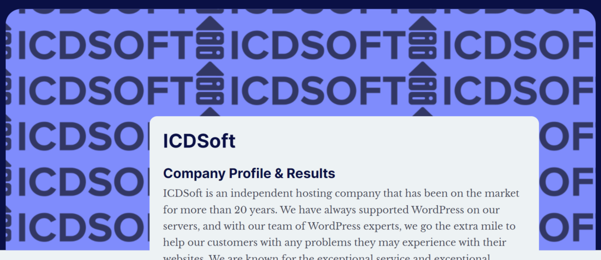ICDSoft profile on WordPress hosting performance benchmarks site with company description and visit button.