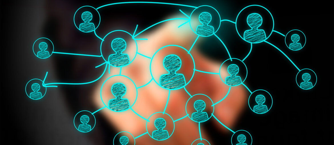 Illustration of a person touching a network of interconnected user icons, symbolizing social connections and networking.