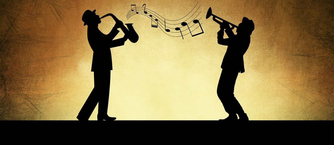 It’s All About That Jazz! Silhouetted musicians playing saxophone and trumpet on warm vintage background with musical notes.