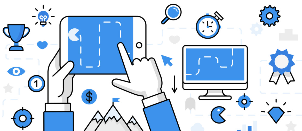 Hands hold tablet with maze game, surrounded by icons of trophy, clock, computer, and mountain with flag.