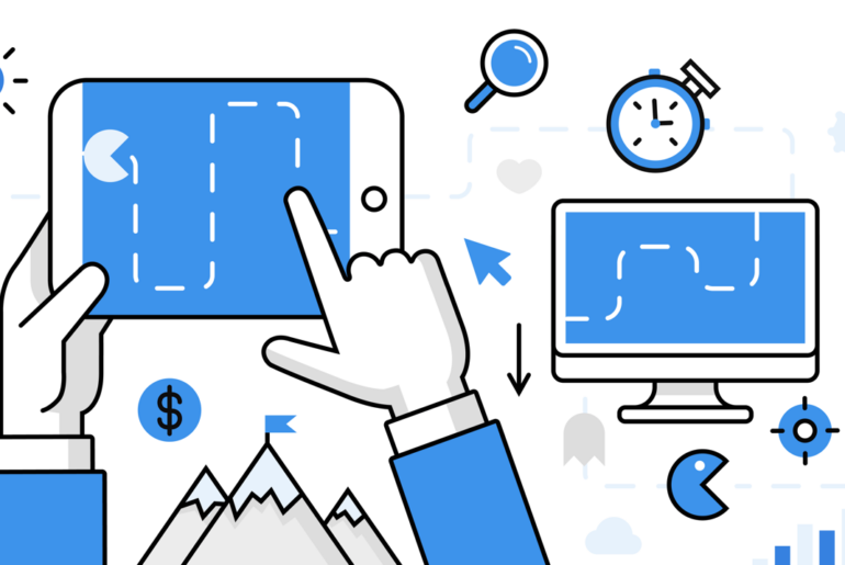 Hands hold tablet with maze game, surrounded by icons of trophy, clock, computer, and mountain with flag.