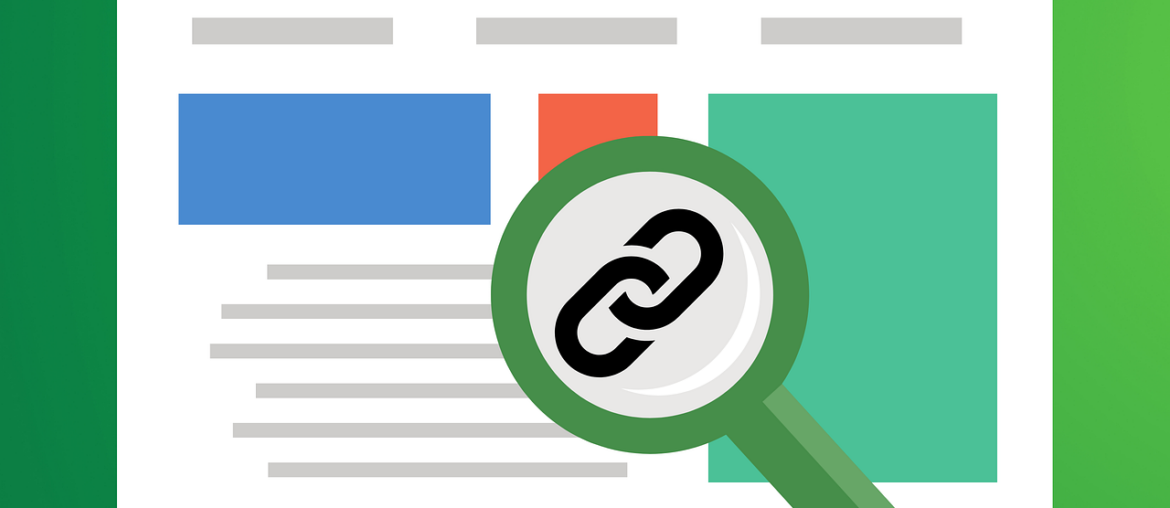 Illustration of web page with magnifying glass focusing on a hyperlink icon, symbolizing SEO and link analysis.