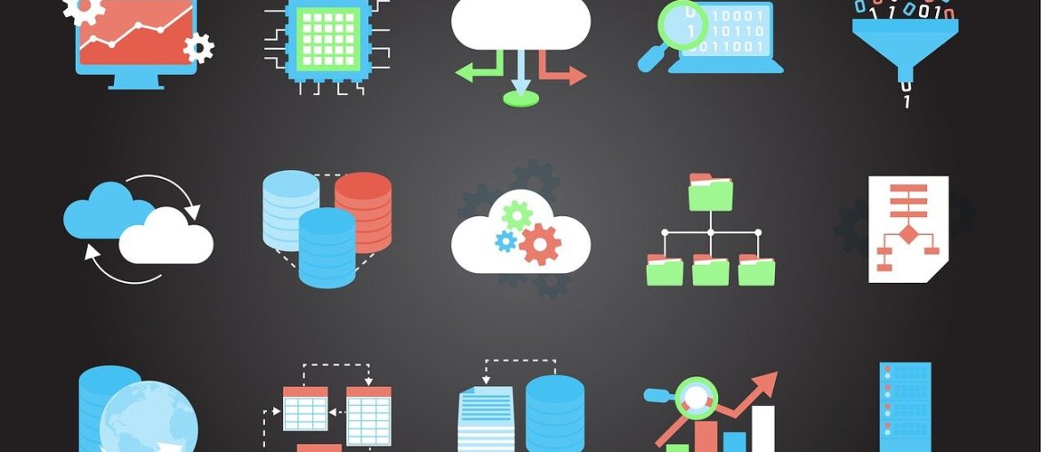 Colorful tech icons depicting cloud storage, data analysis, database structures, and digital processes on a dark background.