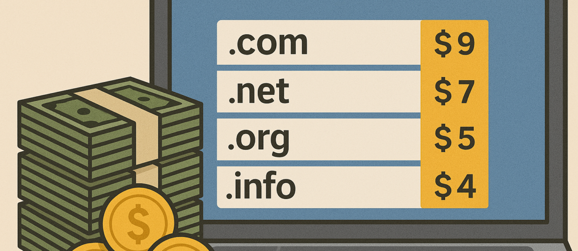 Domain Investing vs. Cybersquatting – Key Differences Explained Laptop displaying domain prices with stacked cash and coins beside it: .com $9, .net $7, .org $5, .info $4.