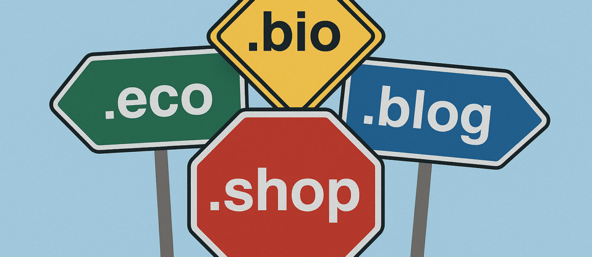 A collection of several road signs, each one with a new generic top-level domain