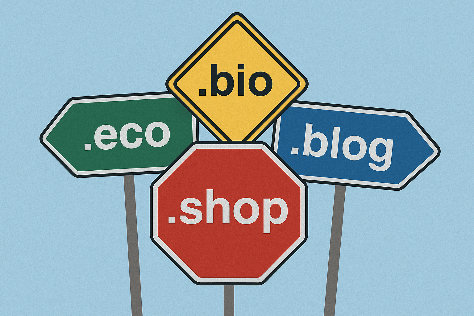 A collection of several road signs, each one with a new generic top-level domain